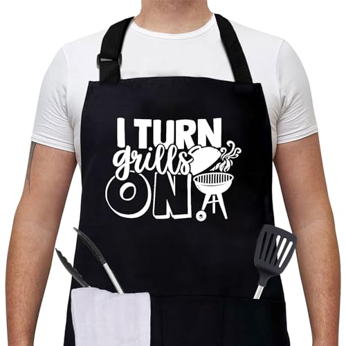 Grilling Aprons for Men,Cnavas Corss Back with Large Pockets Adjustable Chef Aprons, Funny Gifts for Men I Turn Grills on