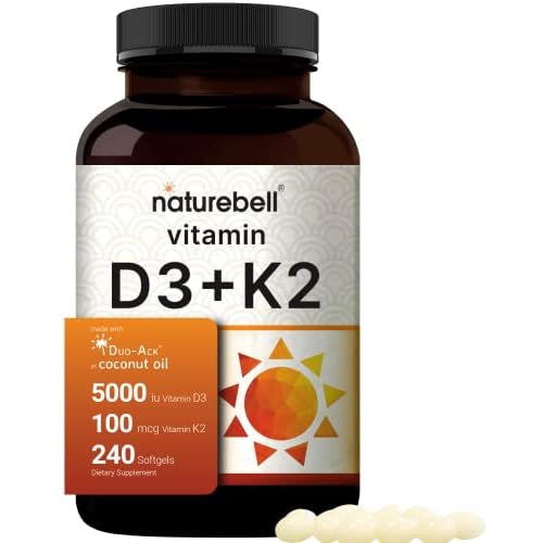NatureBell Vitamin D3 5,000 IU + K2 100 mcg, 240 Softgels | Daily 2-in-1 Formula with Virgin Coconut Oil | Bone, Heart & Immune Support | MK-7 Form |
