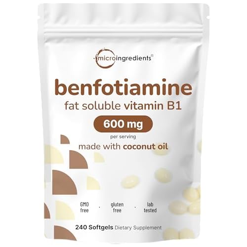 Micro Ingredients Vitamin B1 Benfotiamine 600mg Per Serving, 240 Coconut Oil Softgels | Bioavailable B Vitamins Supplement, Converted to Active Thiami