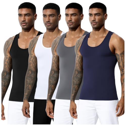 Arjen Kroos Men's Workout Tank Top 4 Pack Muscle Sleeveless Gym Shirts Activewear Slimming Vest Undershirts Black-White-Grey-Blue XX-Large
