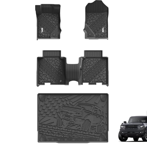 3W Floor Mats & Cargo Liner Compatible for 2021-2024 2025 Ford Bronco 4 Door, TPE All Weather Custom Fit Floor Liner 1st 2nd Row and Trunk Mat Full Se