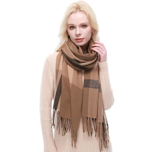 RIIQIICHY Plaid Scarf for Women Fall Winter Pashmina Scarves Wraps for Cold Weather Warm Large Tan-Black-Camel