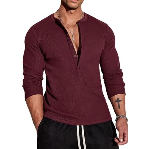 Muscle Cmdr Men's Waffle Henley Shirts Long Sleeve T-Shirt Stylish Casual 5 Button Placket Slim Fit Tee Thermal Underwear Medium Red-Long