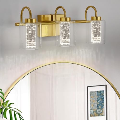 Garvee Bathroom Light Fixtures 3 Light Brushed Gold Vanity Lights Crystal Bubble Glass Dimmable 3 Color Temperatures Modern Bathroom Wall Sconce for H