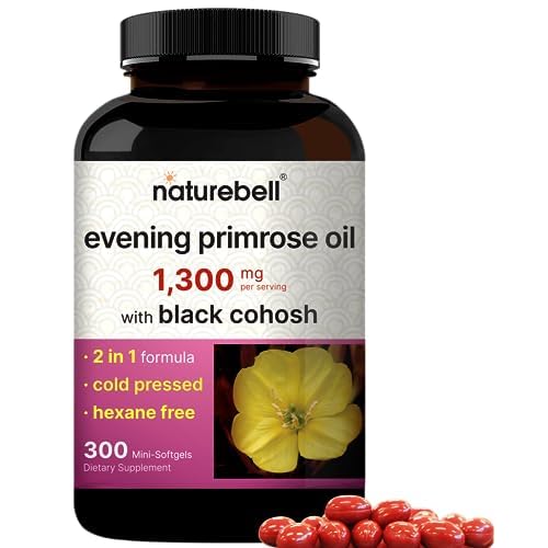 NatureBell Evening Primrose Oil with Black Cohosh, 1,300mg Per Serving, 300 Mini-Softgels | Cold Pressed Seeds, Retains 130mg GLA for Womens Health &