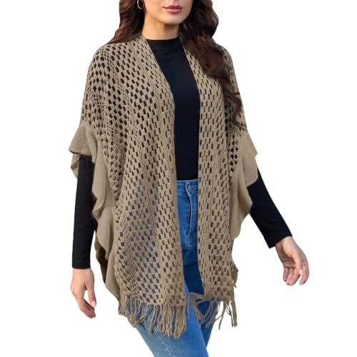 Ferand Women's Lightweight Ruffle Shawl Wraps Open Front Crochet Fringe Poncho Cardigan for Spring and Summer Khaki