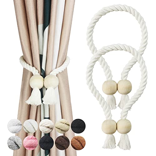 2 Pack Cream Magnetic Curtain Tiebacks Cotton Hand Woven Tieback Holdback Decorative Tie Backs for Drapes with Wooden Buckle No Tools Required Cream 2