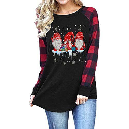 Fuyxxmer Merry Christmas Shirts for Women Wine Glass Christmas Hat Print Long Sleeve Plaid Splicing Raglan Baseball Tee Pattern B Large
