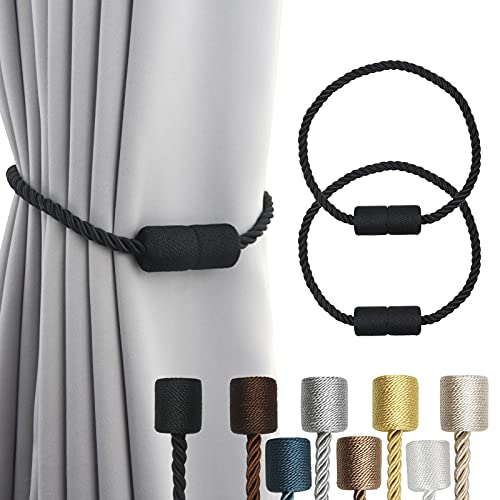 2 Pack Black Strong Magnetic Curtain Tiebacks Outdoor Elegant Decorative Tie Backs Modern Rope Tiebacks for Drapes Window Curtain Holdbacks for Draper