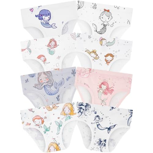 Girls' Underwear,Soft Cotton Tagless Panties for Toddlers' & Little Kids Comfort,Breathable Briefs,8-Pack 8 Mermaid-fish-bubbles-dolphin-starfish-whit