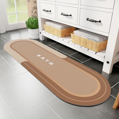 MontVoo Bath Mat Runner - Long Non Slip Absorbent Quick Dry Thin Bath Rug for Bathroom Floor Mat - Rubber Backed - Stain Resistant - Easy Care - Brown