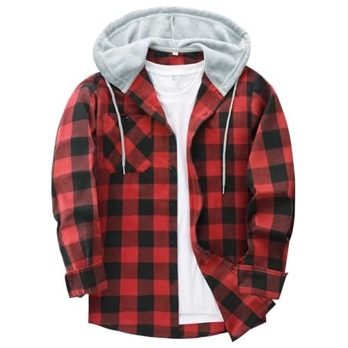 ZITY Men's Flannel Hoodie Shirts Casual Button Down Plaid Shirt Jackets for Men Long Sleeve Stylish Hooded with Pocket Medium Red