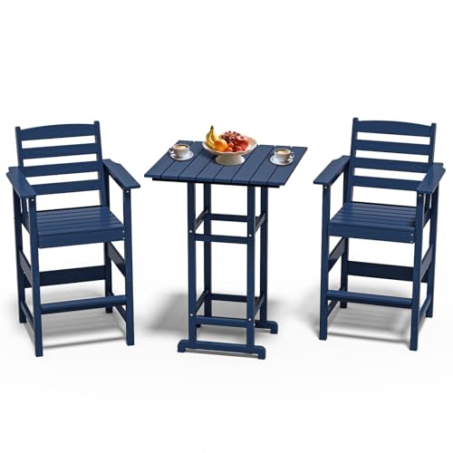3-Pieces Outdoor Bar Tall Set-2 Adirondack Chairs wiht Bar Table,HDPE All-Weather Patio Furniture for Balcony, Backyard, Poolside – Navy Blue 3 PCS