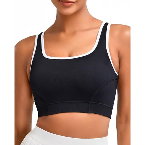 RUNNING GIRL Sports Bras for Women High Support,Seamless Ribbed Longline High Neck Sports Bra Racerback Padded Crop Top Yoga Small C-black