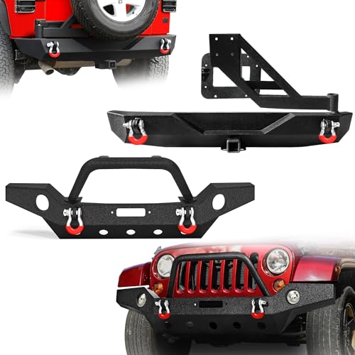LEDKINGDOMUS Front & Rear Bumper Set with Tire Carrier Fit for 07-18 Wrangler JK and JK Unlimited,Full Width Rock Crawler With Fog Lights Hole, Winch
