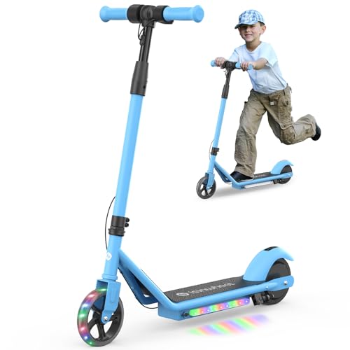 isinwheel S2 Electric Scooter for Kids Ages 6-12,150W Kids Electric Scooter with Adjustable Speed and Height, Colorful Lights, Double Brake Blue