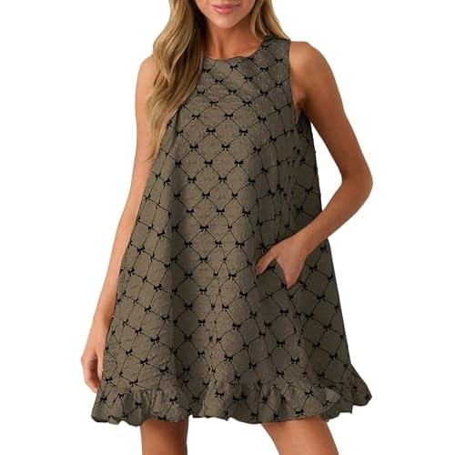 Womens Sleeveless Bow Print Mini Dress Babydoll Ruffled Hem A-Line Summer Beach Party Tunic Casual Tops, Coffee L