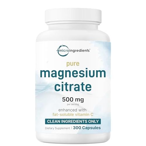 Pure Magnesium Citrate Supplements 500mg, 300 Capsules | Fat-Soluble Vitamin C Added | 100% Chelated | Supports Digestion, Muscle & Heart Health | Onl