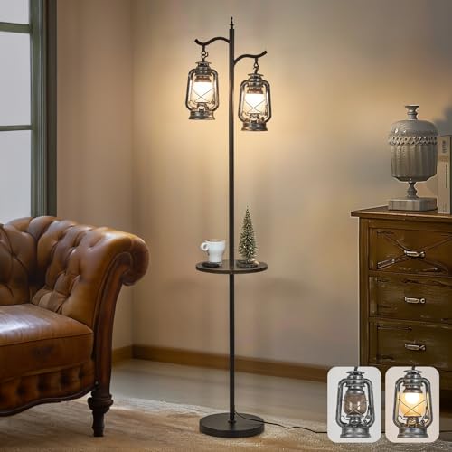 Farmhouse Floor lamp with Table, Double Head Vintage Floor Lantern, Standing lamp for Living Room，Bedroom, Rustic Floor Lamp with Silver Finish Silv
