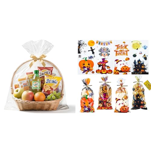 NPLUX Bundle of 10 Pack Large Clear Plastic Bags and Halloween Treat Bags with Ties for Birthday Baby Shower Graduation Wedding