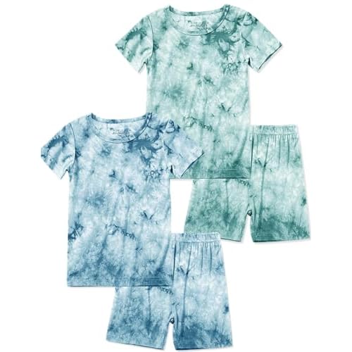 Jimonda Kids Soft Rayon From Bamboo Sleepwear Short Sleeve Boys Girls Pajama Outdoor 4-Piece tops&shorts Casual sets Tie PJ Blue&green 9-10 Years