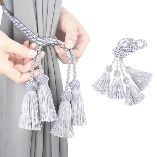 Elegant Curtain Tiebacks Rope Decorative Curtain Tie Backs for Drapes Hand Woven Window Treatment Holdbacks with Tassel, Grey 2pack