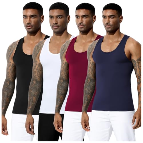 Arjen Kroos Men's Workout Tank Top 4 Pack Muscle Sleeveless Gym Shirts Activewear Slimming Vest Undershirts Black-White-Red-Blue Large