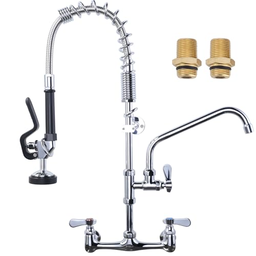 25" Height Commercial Faucet Wall Mount with Sprayer 8" Adjustable Center 9.6" Swing Spout, Kitchen Sink Faucet with Pull Down Pre-Rinse Sprayer for R