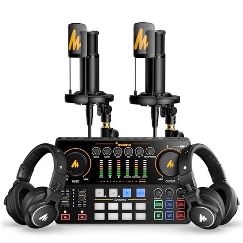 MAONO Podcast Equipment Bundle for 2: Audio Interface Mixer with 2 XLR Condenser Mic and 2 Headphone Podcast Streaming MaonoCaster E2 Gen2+2*PM320T+2*