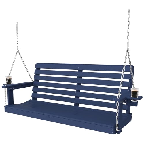Porch Swings,2 Seat Patio Chair with Two Cup Holders,HDPE Waterproof Bench for Courtyard-Navy Blue