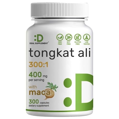 DEAL SUPPLEMENT Tongkat Ali Extract 300:1 400mg & Maca Root 400mg | 300 Capsules, Ultra Strength Longjack (Eurycoma Longifolia) + Peru Maca – Non-GM