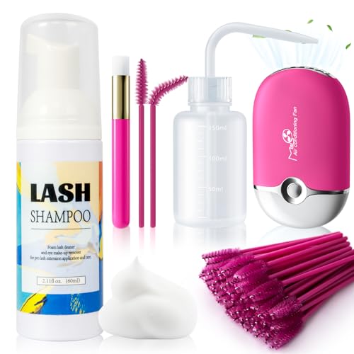 Buqikma Lash Shampoo 2.11Floz Eyelash Extension Cleanser Gentle Foam,USB Mini Lash Fan,Rinsing Bottle Mascara Brush Cleaning Brush Lash Cleaning Kit L