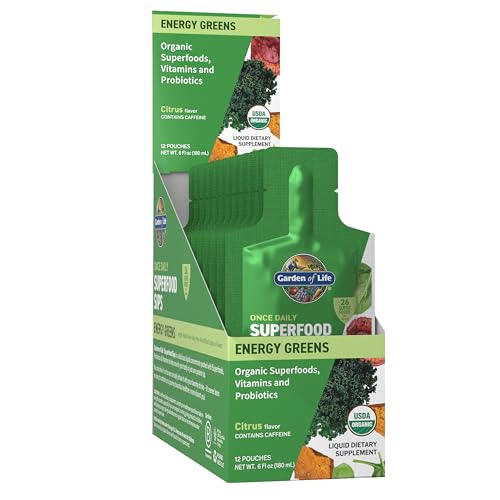 Garden of Life Superfoods Sips, 12 Single Serve Pouches, Vitamins, Probiotics, 26 Organic Superfoods, Functional Mushrooms, Energy Greens, Once Daily,