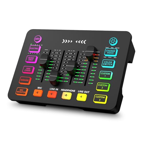 Gaming Audio Mixer with RGB, Streaming-PC Mixer with XLR Microphone Interface, 6 Voice Changing Modes Individual Control, Mute Button,48V Phantom Powe