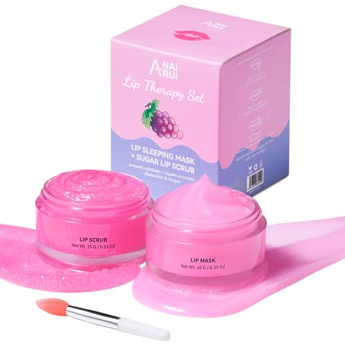 ANAI RUI Lip Therapy Set - Scrub & Mask, Overnight Hydrating Moisturizer With Exfoliator and Sleeping Mask for Plumping - Gift Kit for Dry, Chapped, D