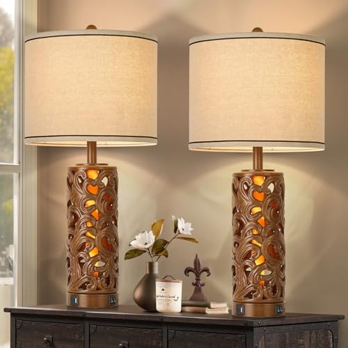 AIDENOEY 27.5" H 3-Way Dimmable Touch Control Table Lamp with USB A+C Ports, Vintage Walnut Finish Resin Bedside Farmhouse Table Lamp Set of 2，for L