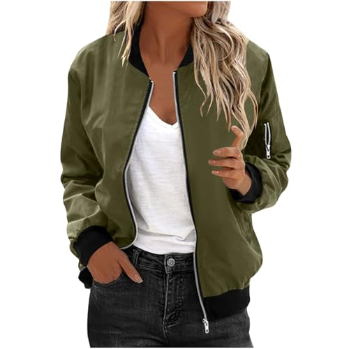 Womens Classic Fall Bomber Jacket, Lightweight Water-Resistant Flight Coat, Casual City Outerwear A01 Army Green Large