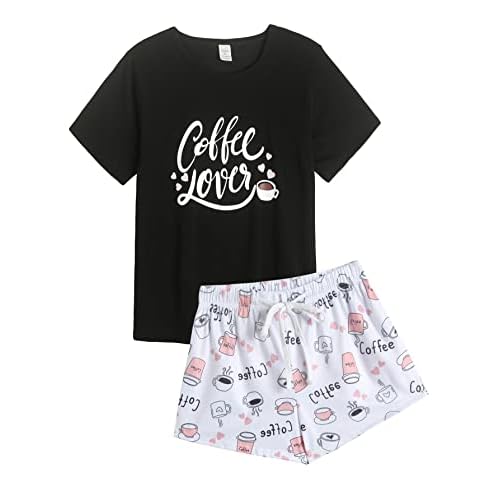 VENTELAN Pajama Set For Women Cute PJS Summer Short Sleeve Shorts Sleepwear X-Small Black-coffee