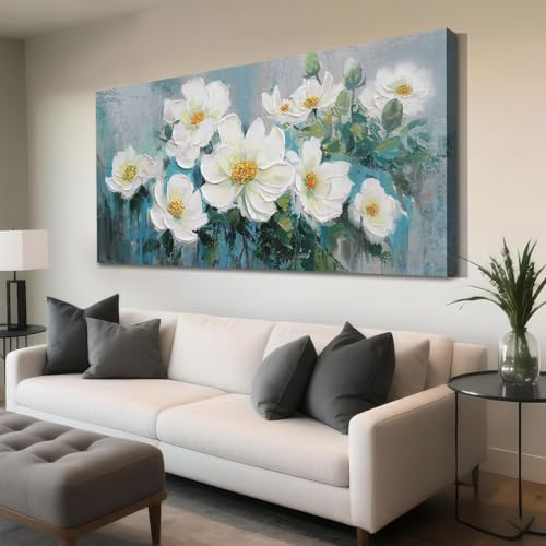 Ardemy White Flowers Wall Art Canvas Magnolia Teal Floral 3D Thick Textured Picture Gold Turquoise Blue Painting Artwork Framed for Living Room Bedroo