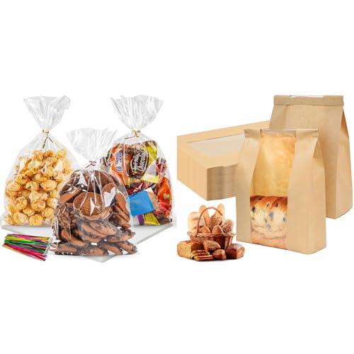NPLUX Bundle of 100 Pack Cellophane Bags and 50 Pack Sourdough Bread Bags for Candy Popcorn Cookie