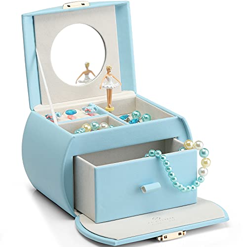 Vlando Musical Jewelry Box for Girls Kids with Drawer, Music Box with Ballerina and Stickers for Birthday Gifts Bedroom Decor, Blue
