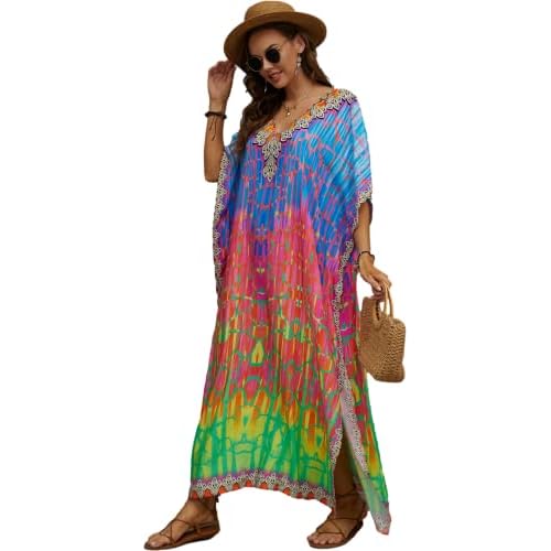Swimsuit Cover Up Caftan Women's Vneck Flower Leopard Print Batwing Sleeve Side Split Kaftan Dresses B9
