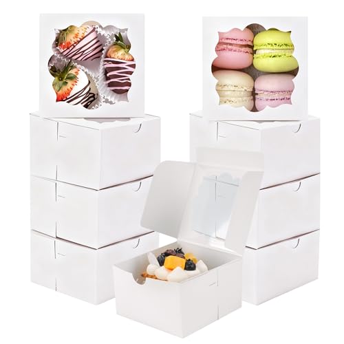50pcs Cookie Boxes with Window Bakery Boxes Small Treat Boxes Small Cake boxes Mini Pie Boxes Pastry Boxes Candy Sweets Boxes 4x4x2.5in(White)