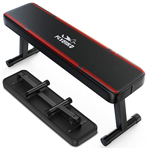 FLYBIRD Flat Bench, Foldable Flat Weight Bench Easy Assembly for Strength Training Bench Press, 600-1000 LBS 2 Versions B-Red-01