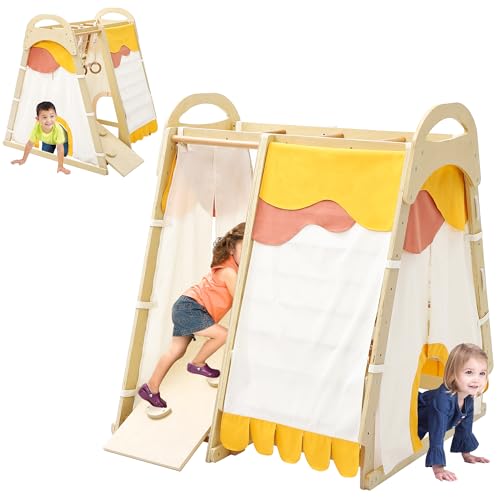 Garvee Toddler Indoor Gym Playset, 7-in-1 Wooden Climbing Toys with Tent， Monkey Bar, Rings, Climbing Structure for Boys and Girls,3Y+