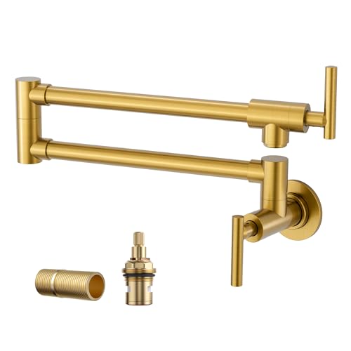 WOWOW Pot Filler Faucet Brushed Gold, Solid Brass Pot Filler Wall Mount Kitchen Stove Faucet with Double Joint Swing Arms