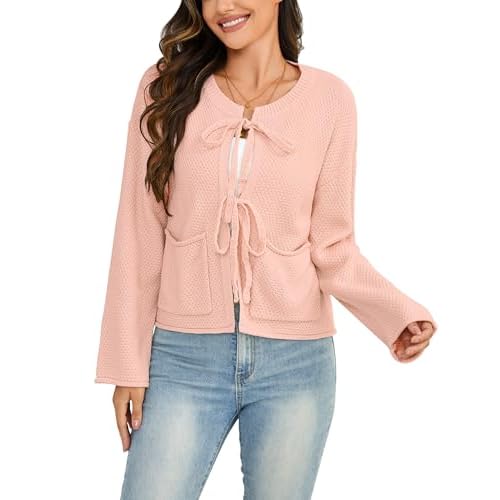 Bsubseach Cardigan Sweaters for Women Cropped Tie Front Bow Cardigan Fall Winter Long Sleeve Knit Sweater Coats with Pockets Pink Medium