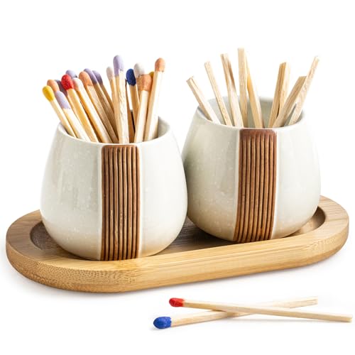 Ceramic Match Striker Holders Set of 2 - Matchstick Container With Wooden Tray for Kitchen, Fireplaces & Minimalist Spaces - Matches NOT Included, Whi