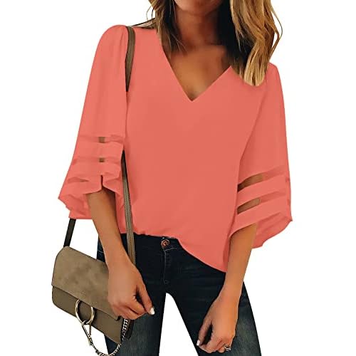 luvamia Women's Casual V Neck Blouse 3-4 Bell Sleeve Mesh Panel Shirts Loose Top XX-Large C Coral