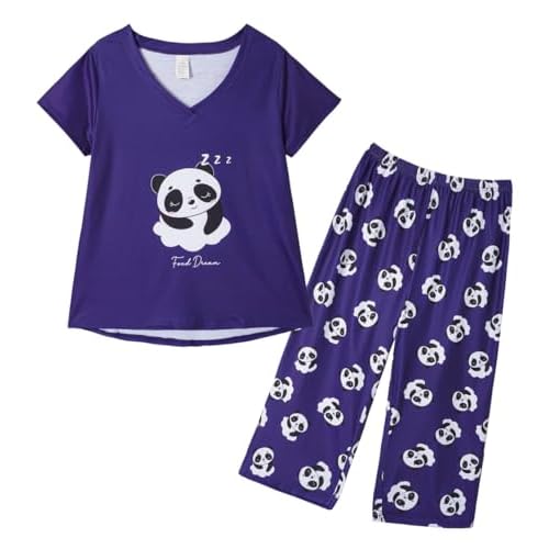 VENTELAN Women's Capri Pajama Sets Plus Size Sleepwear Top with Capri Pants 2 Piece Loungewear Set Blue-panda Medium